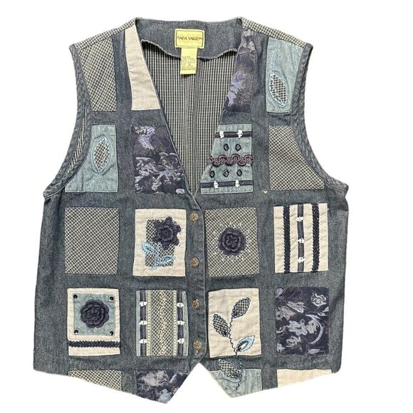Vintage Vest Napa‎ Valley 90's Denim Patchwork Embroidery Crochet Detail Size M - Picture 1 of 8